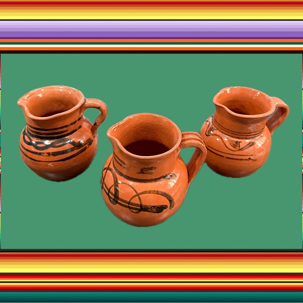 Set Of 3 Mexican Folk Art Red Clay Pottery Pitchers Swirl Art Jarras De Barro